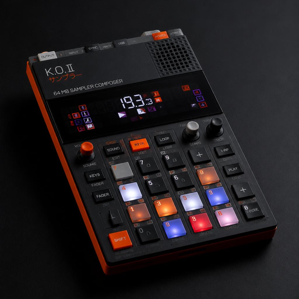 Sintetizador K.O II — sampler de bolso laranja e preto